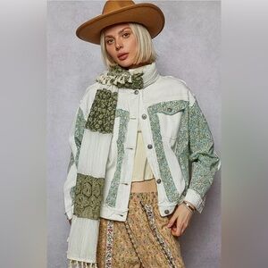 POL Clothing Button Down Patchwork Denim Women’s Large White Jacket Floral New